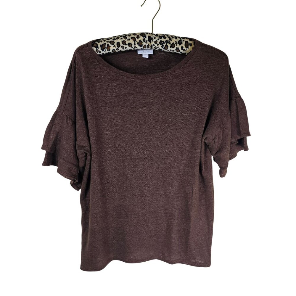 J. Jill Love Linen Knit Ruffle Sleeve Top L Brown Boatneck‎ Coastal Lightweight